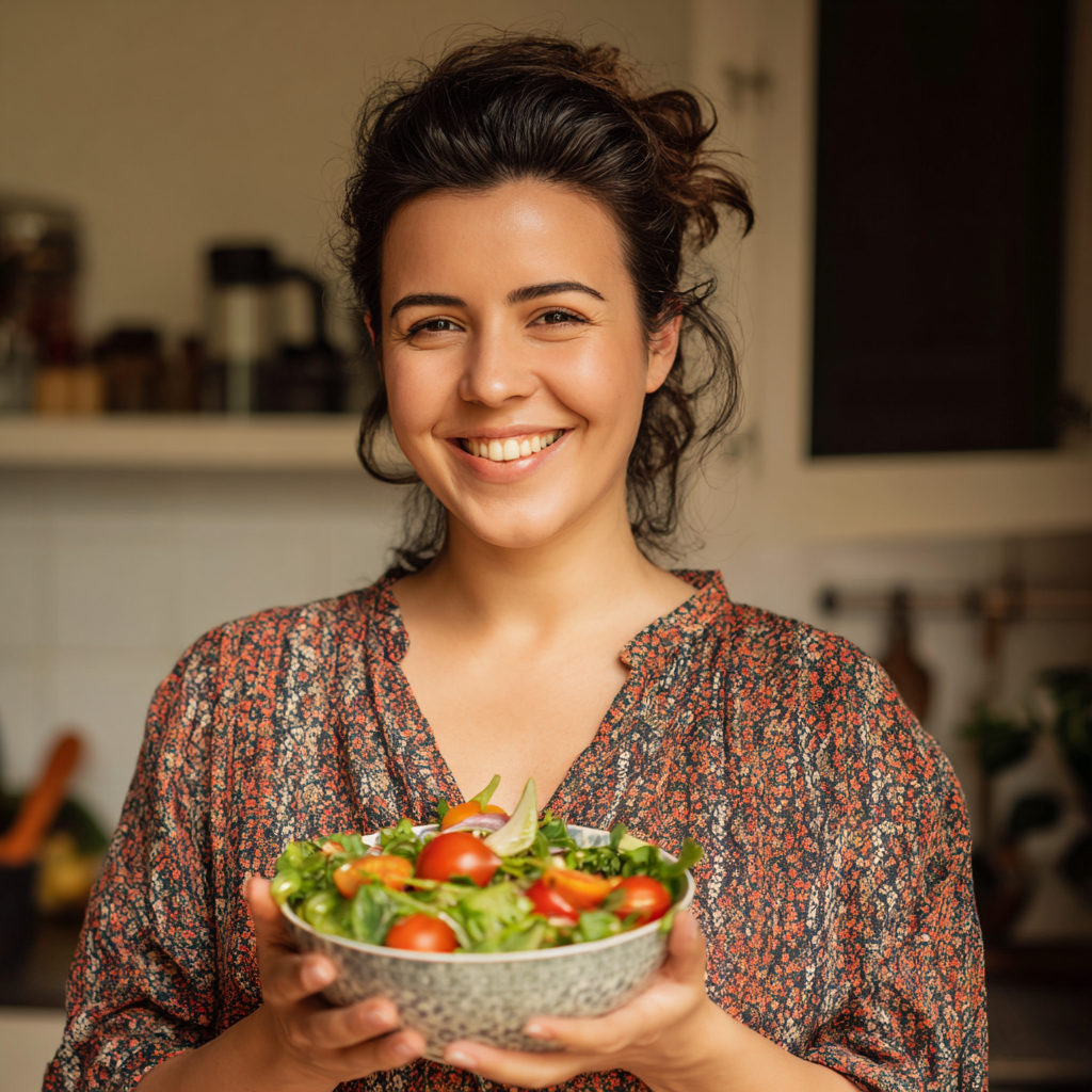 Un bărbat român zâmbitor în vârstă de 35 de ani în șorț de bucătărie, pregătind o masă sănătoasă într-o bucătărie luminoasă, cu expresie profesională și caldă