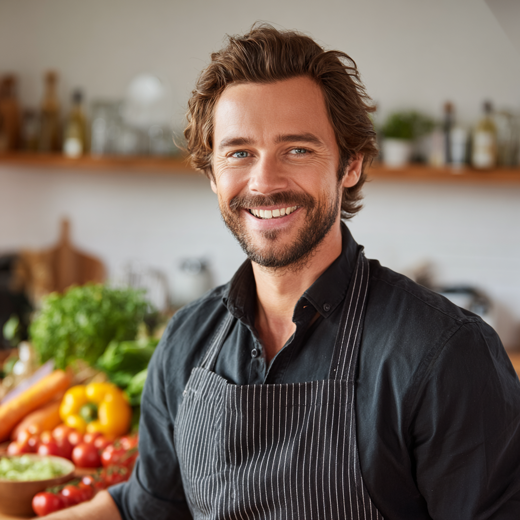 O femeie română zâmbitoare în vârstă de 28 de ani consultând un tabel nutrițional pe o tabletă, în timp ce ține în mână o cană cu ceai verde, într-un birou luminos și modern