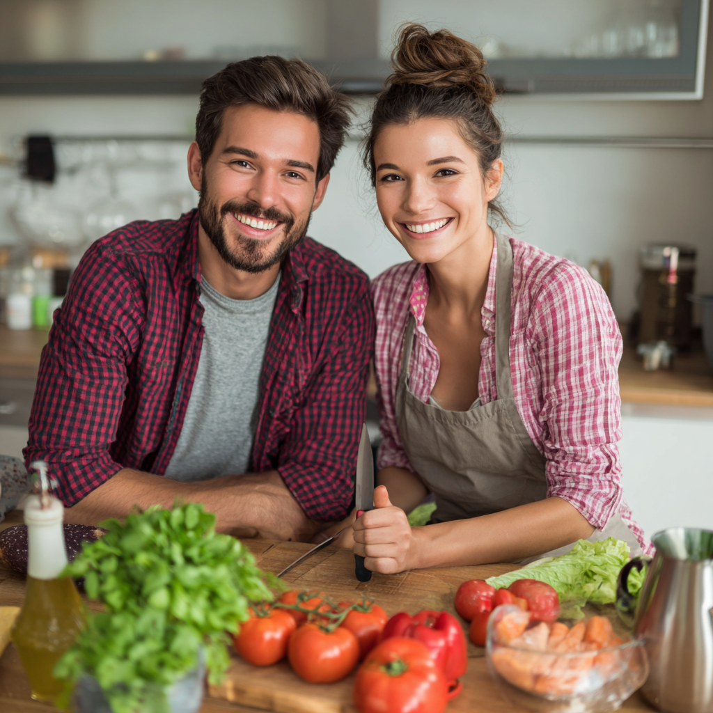 Un bărbat român zâmbitor în vârstă de 32 de ani planificând mesele săptămânii într-o bucătărie organizată, cu agenda deschisă și ingrediente sănătoase pe masă